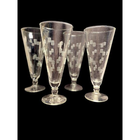 Set of Four Vintage Anchor Hocking Grey Etched CUBIST Pilsner Glasses 7 1/2” MCM - Picture 4 of 12